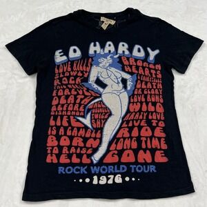 Ed Hardy Graphic Tee Womens L Black Rock World Tour 1976 Rhinestone Devil Girl